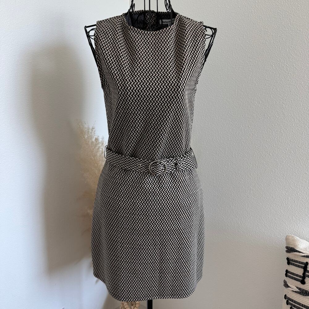 Reformation Suze Knit Mini Dress Belted Tan Black Chevron Pattern Size XS-Retro